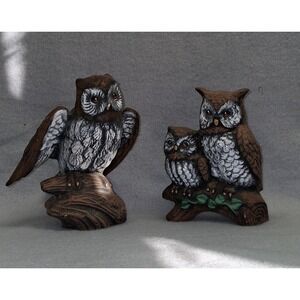 Vintage Ceramic Owl Family Figurine Set Brown White Home Decor Rustic Woodland